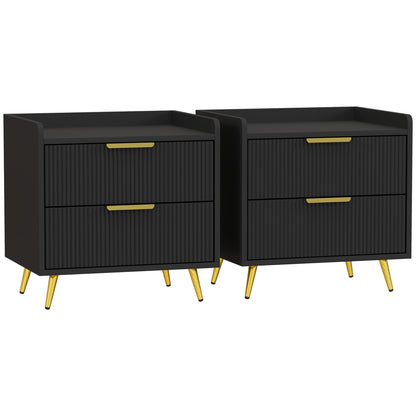 Veha Black Set Of 2 Elegant Ribbed 2 Drawer Bedside Tables Gold Handles