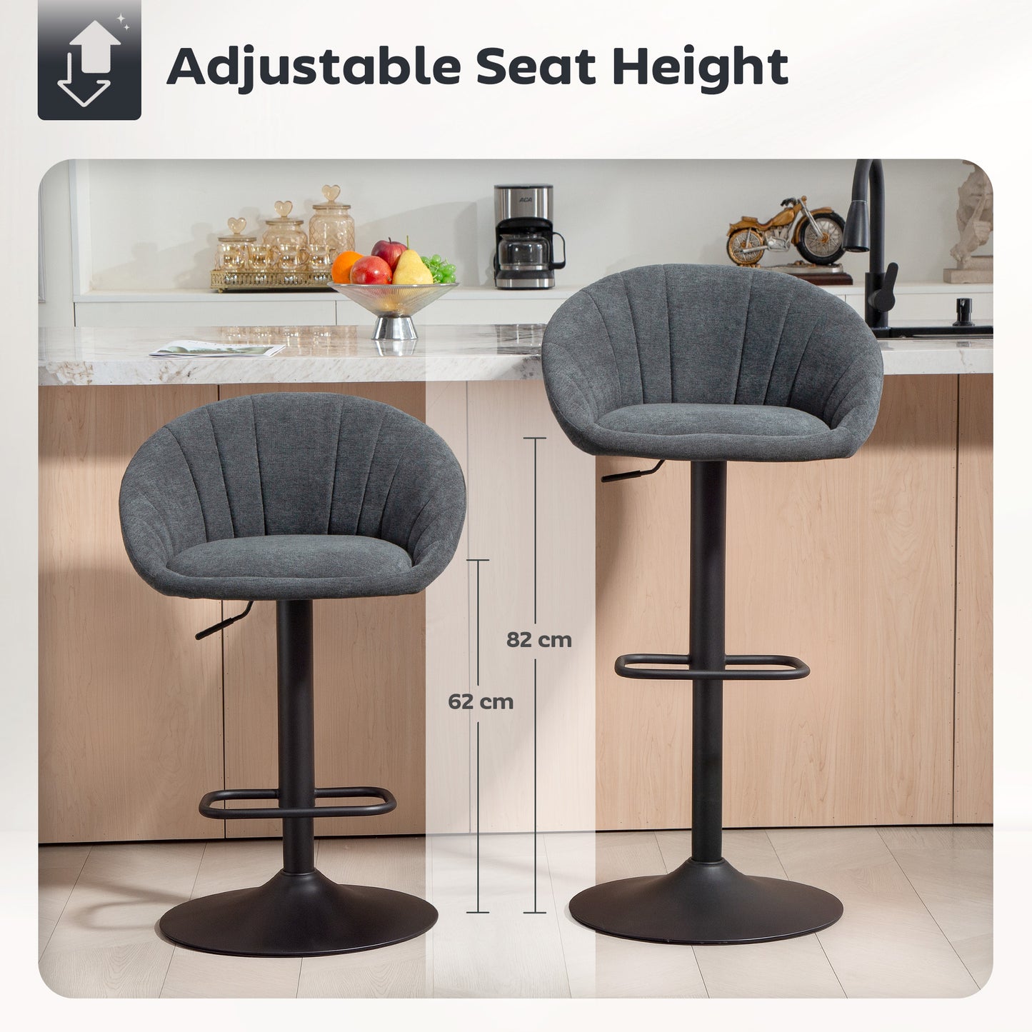 Elfare Dark Grey Fabric Relaxed Tub Bar Stools Set Of 2 With Curved Seat