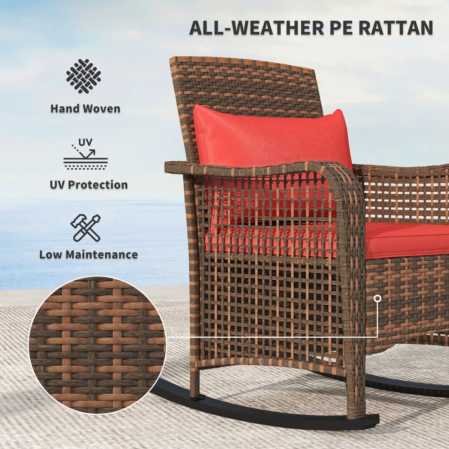 Ninatti Brown Rattan Red Cushions Outdoor Rocking Arcmhair
