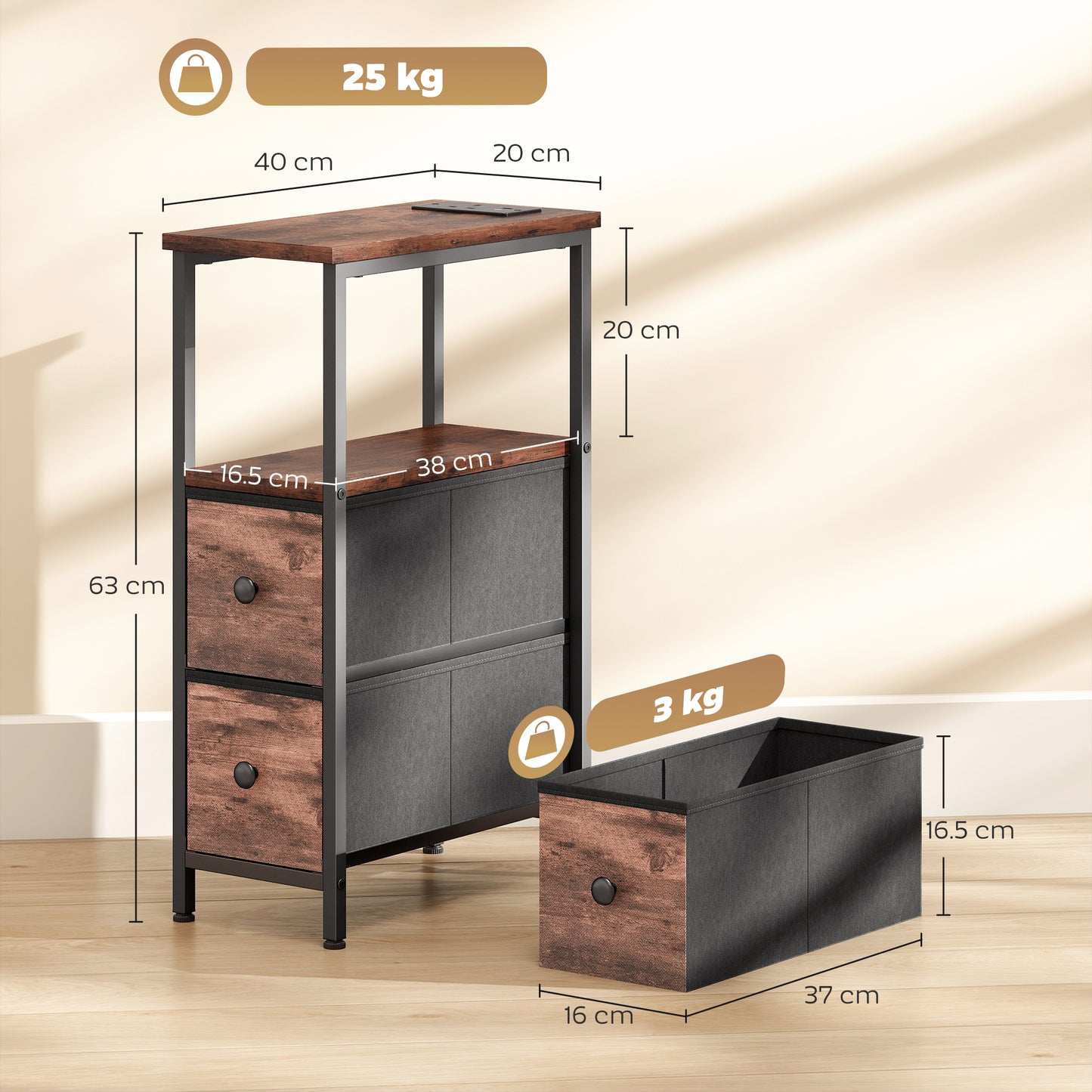 Suro Wooden Narrow Bedside Table With 2 Drawers And Built In Charging Station