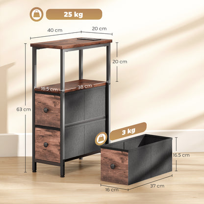 Suro Wooden Narrow Bedside Table With 2 Drawers And Built In Charging Station