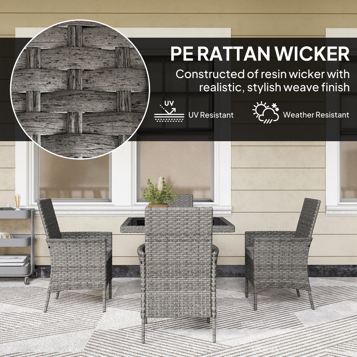Noha Grey Rattan 4 Seater Outdoor Dining Set with Square Glass Table