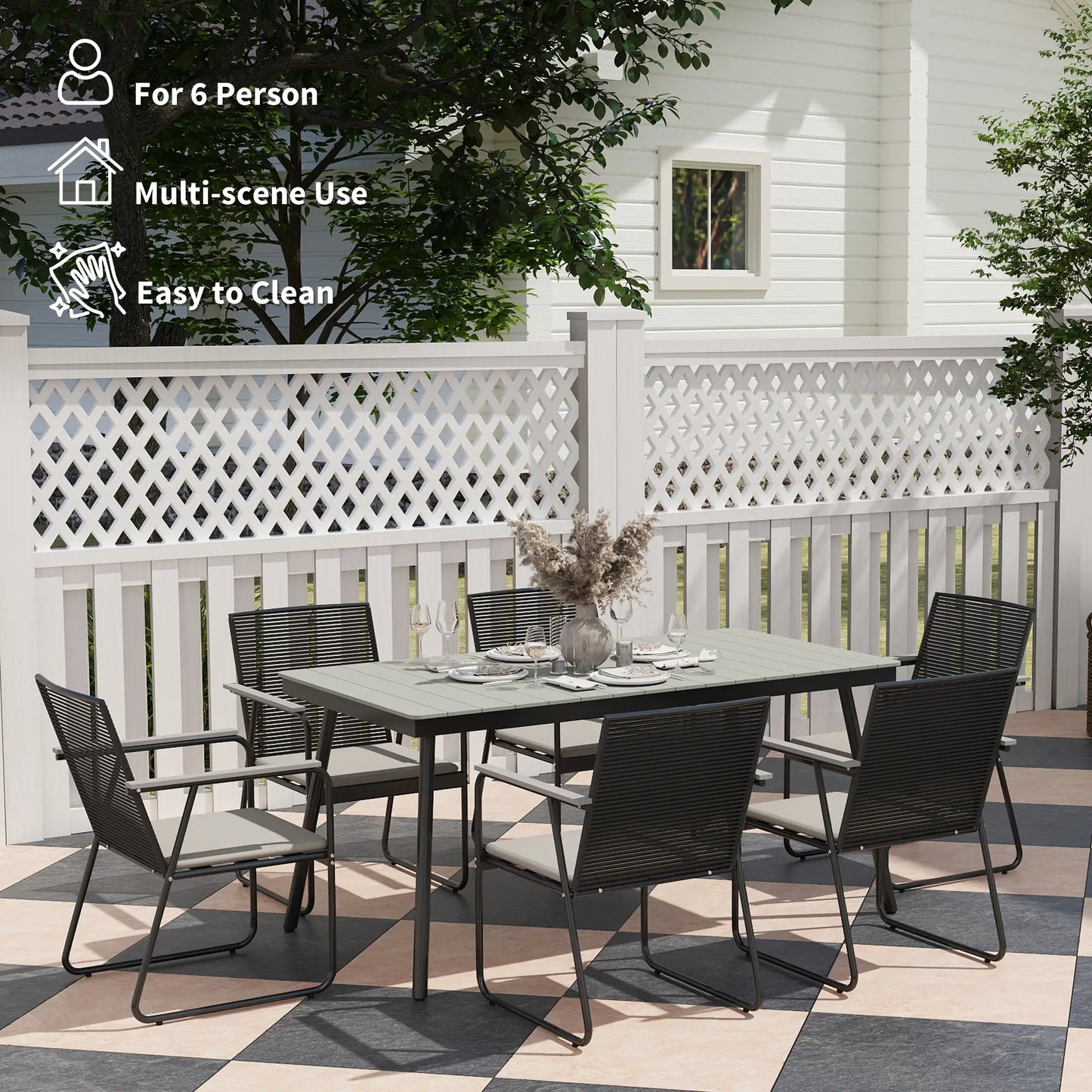 Karutte 6 Seater Garden Dining Set featuring Soft Cushions Rattan Backrest Rectangular Plastic Top Garden Furniture Set Outdoor Dining Table & Chairs for Patio Balcony Poolside Grey