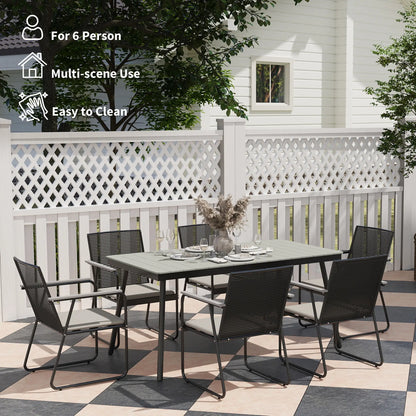 Karutte 6 Seater Garden Dining Set featuring Soft Cushions Rattan Backrest Rectangular Plastic Top Garden Furniture Set Outdoor Dining Table & Chairs for Patio Balcony Poolside Grey