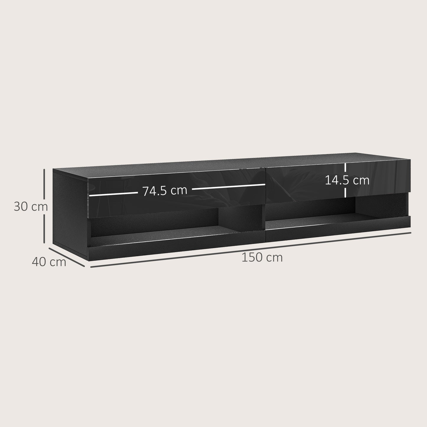 Vare 150cm High Gloss Black Floating TV Unit With LED Lighting For Screens Up To 65 Inches