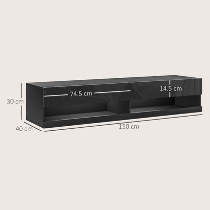 Vare 150cm High Gloss Black Floating TV Unit With LED Lighting For Screens Up To 65 Inches