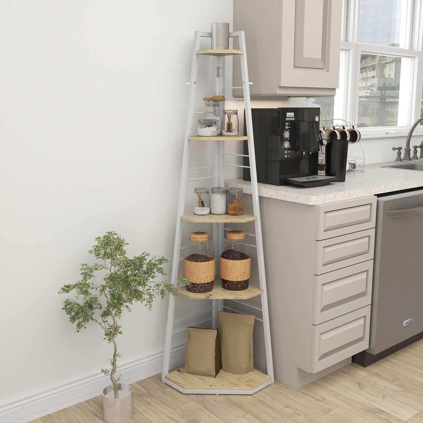 Hado Wood White And Wood Effect 5 Tier Corner Shelving Unit