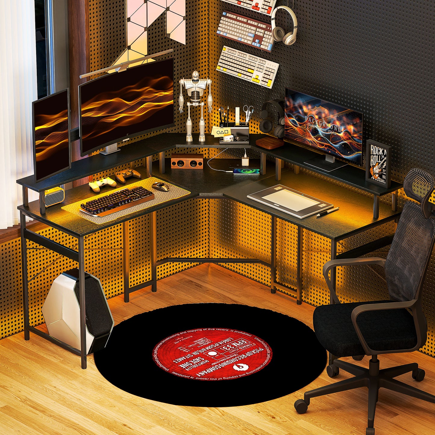Vevano 138.5cm Black L Shaped Work Desk With Integrated LED Lighting