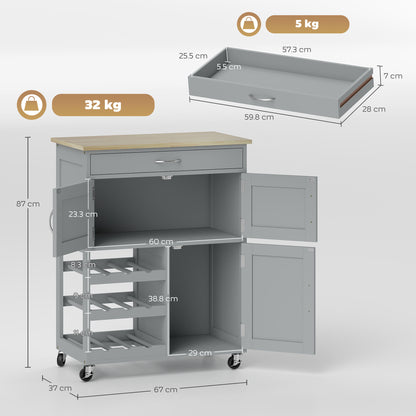 Lehari Grey Wooden Rolling Kitchen Island With Drawer Wine Rack Door Cabinets And Natural Wood Top