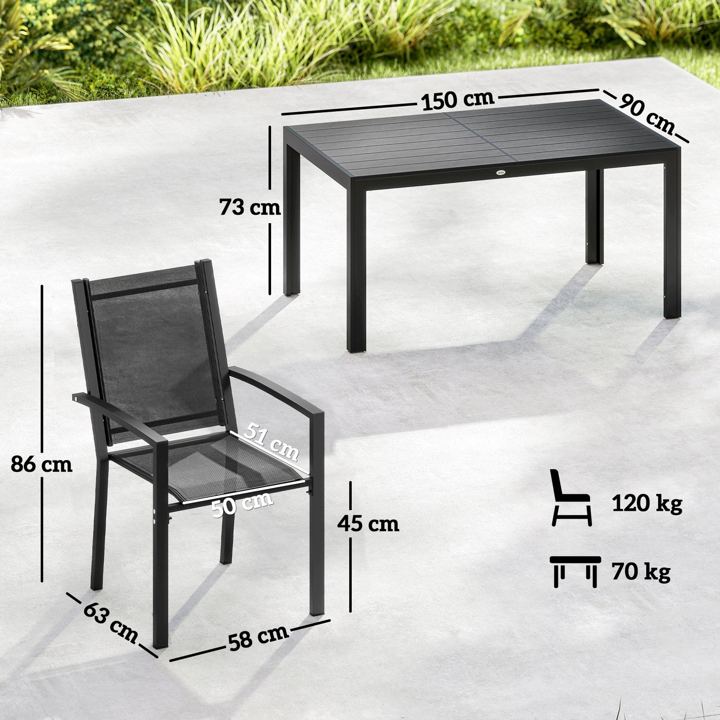 Nohafa 6 Seater Black Mesh Garden Dining Set with Rectangular Table