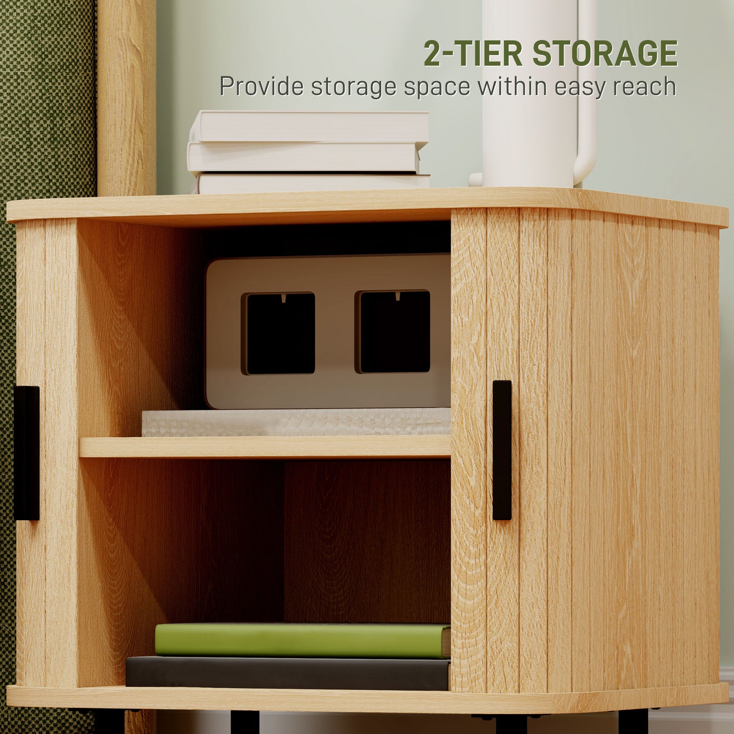 Ritava Natural Oak Tambour Bedside Table 2 Sliding Doors Black Metal Legs