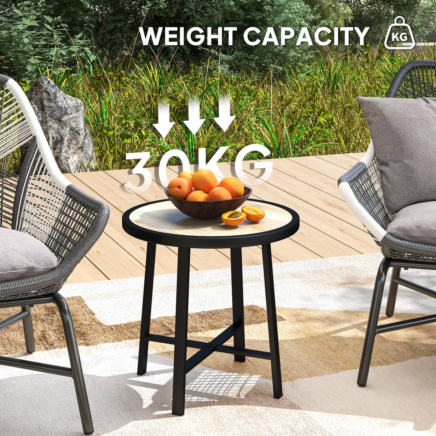 Moreve Black and Natural Wood Effect Round Outdoor Side Table With Steel Frame