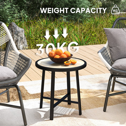 Moreve Black and Natural Wood Effect Round Outdoor Side Table With Steel Frame