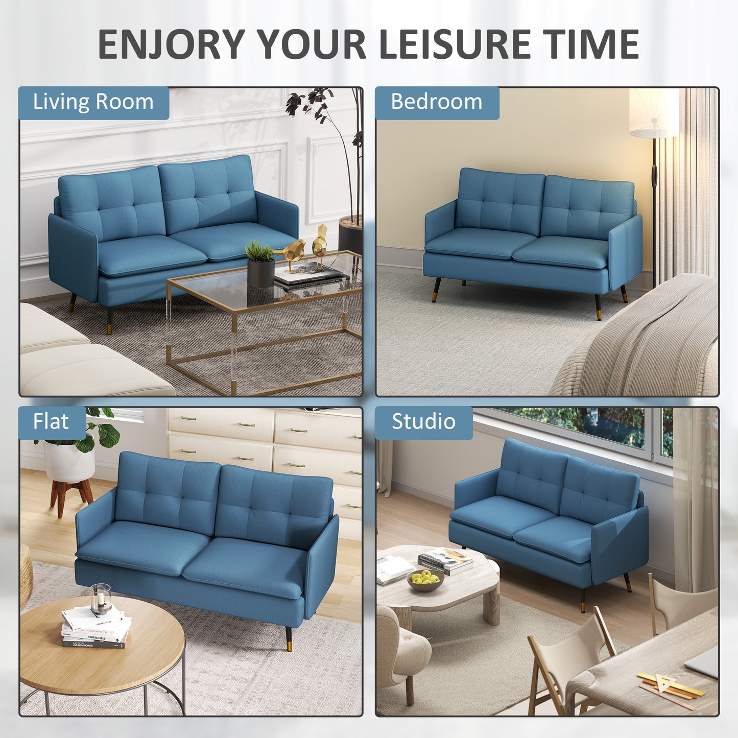 Mado Fabric Dark Blue Button Tufted 2 Seater Sofa With Cushions And Steel Legs