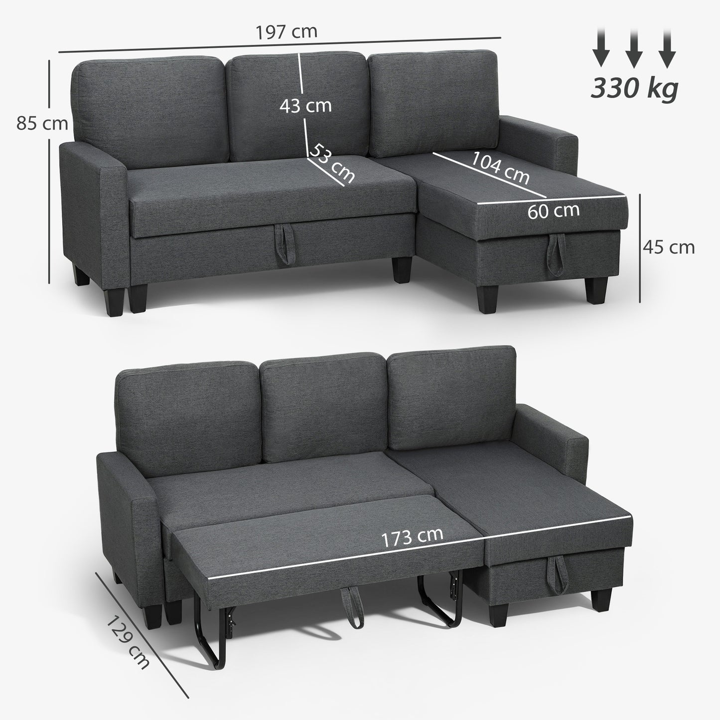 Lulo Dark Grey Fabric Upholstered 3 Seater Sofa Bed With Storage