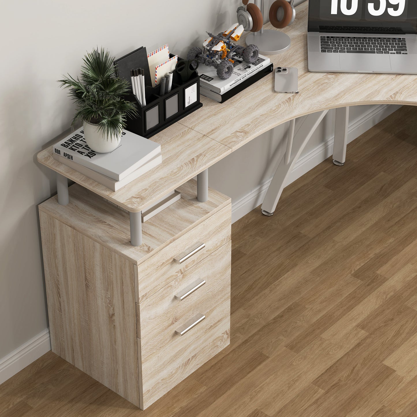 Lelolo 143cm Oak Industrial L Shaped Corner Desk With 3 Drawers