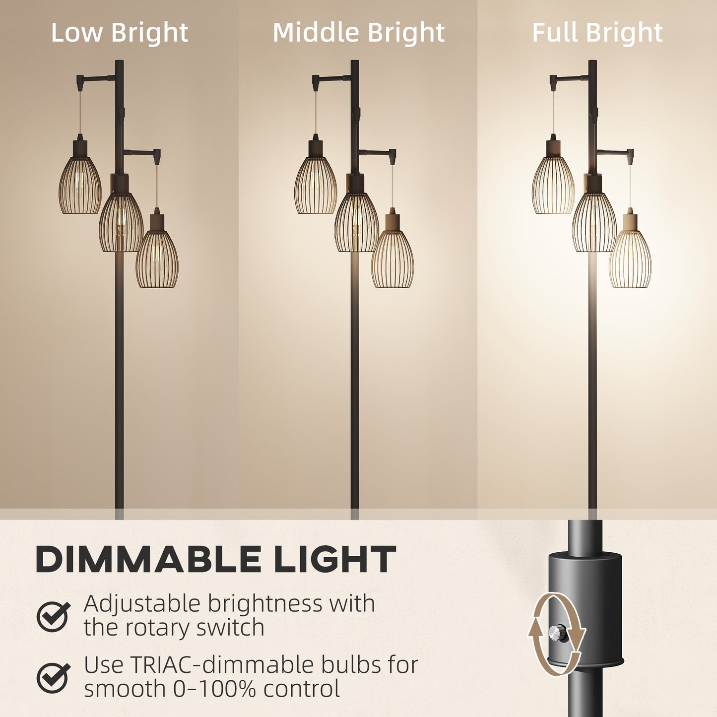 Tane Metal Black Industrial 3 Light LED Floor Lamp With Wire Cage Shades