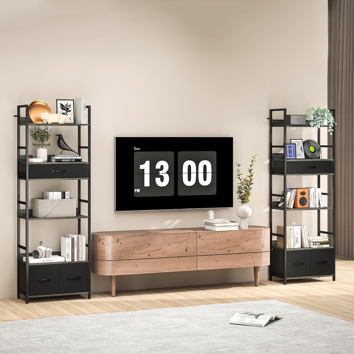 Laro Metal And Wood Grey And Black Industrial Bookcase With 4 Shelves And Fabric Drawers
