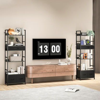 Laro Metal And Wood Grey And Black Industrial Bookcase With 4 Shelves And Fabric Drawers