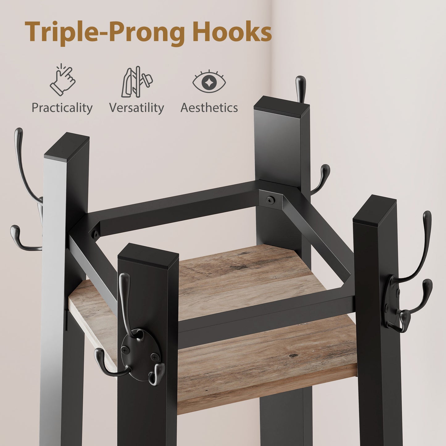 Savapa Metal And Wood Grey And Black 4 Tier Industrial Coat Stand With Shelves