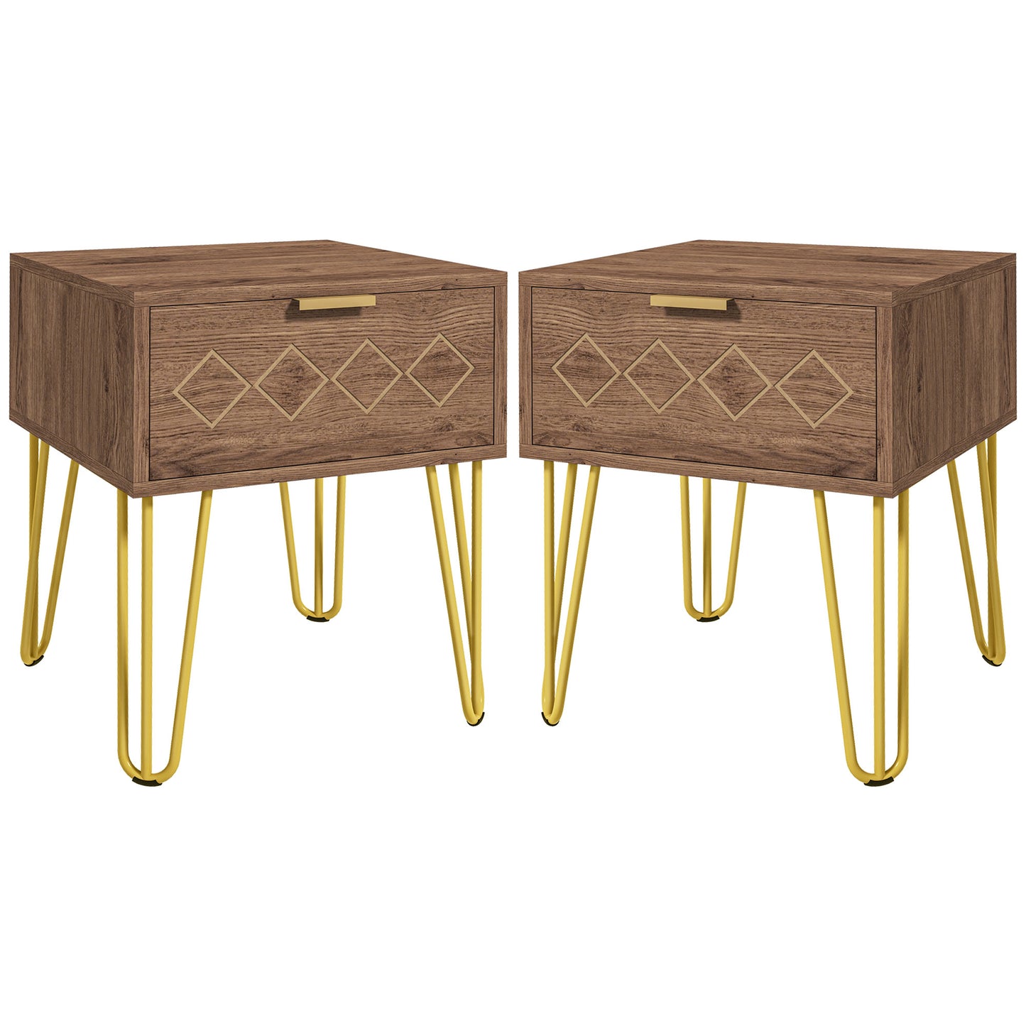 Keso Wooden And Metal Set Of 2 Bedside Tables With Drawers And Gold Tone Legs