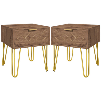 Keso Wooden And Metal Set Of 2 Bedside Tables With Drawers And Gold Tone Legs