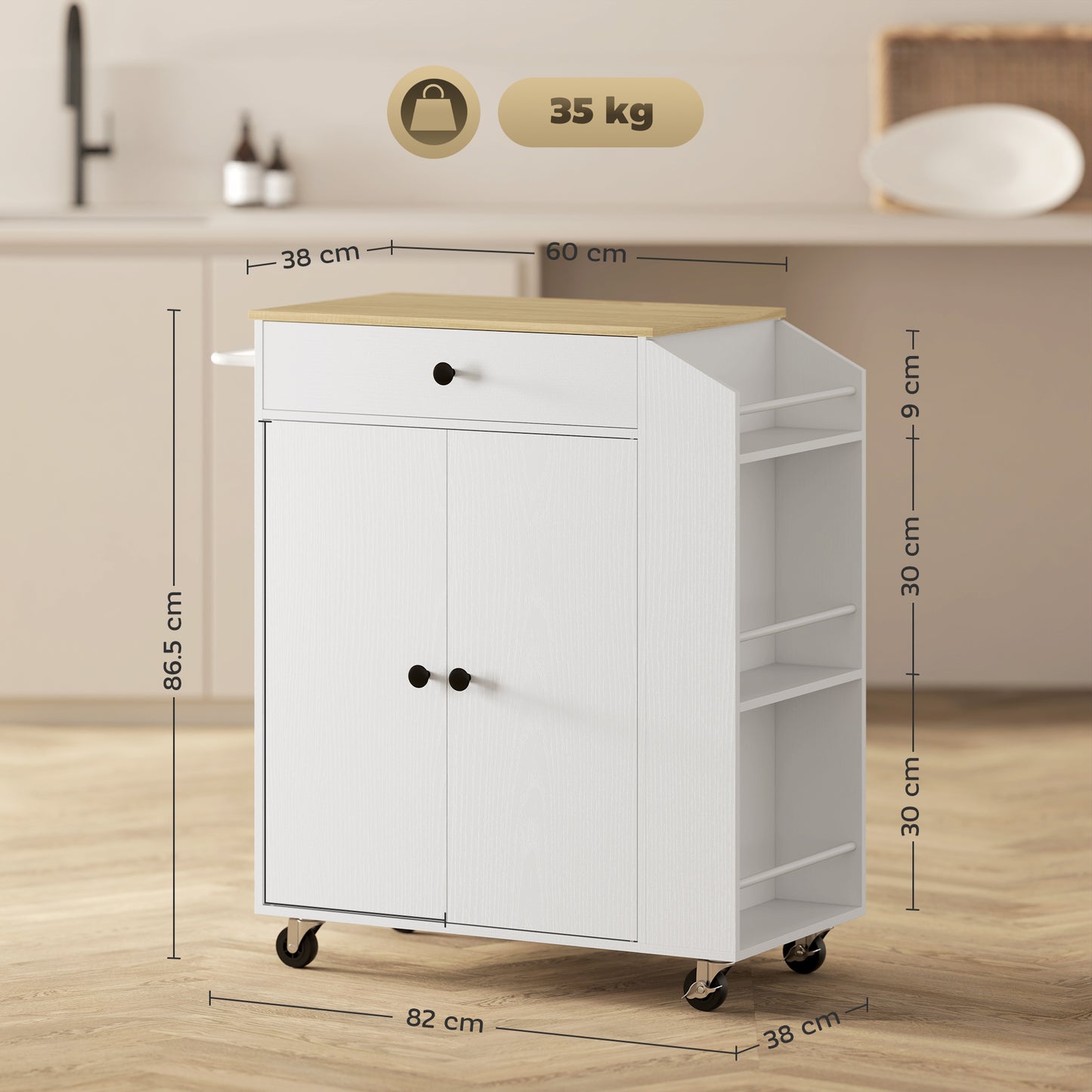 Semi Wooden White Rolling Kitchen Island With Drawer 3 Tier Spice Rack And Towel Rail