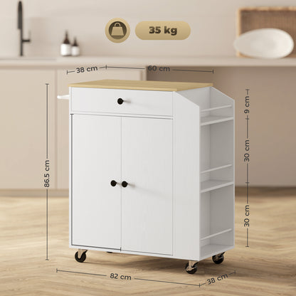 Semi Wooden White Rolling Kitchen Island With Drawer 3 Tier Spice Rack And Towel Rail