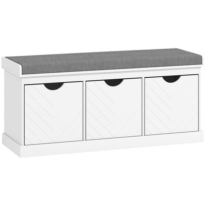 Reco Nolu Wooden White 3 Drawer Shoe Bench With Grey Padded Seat