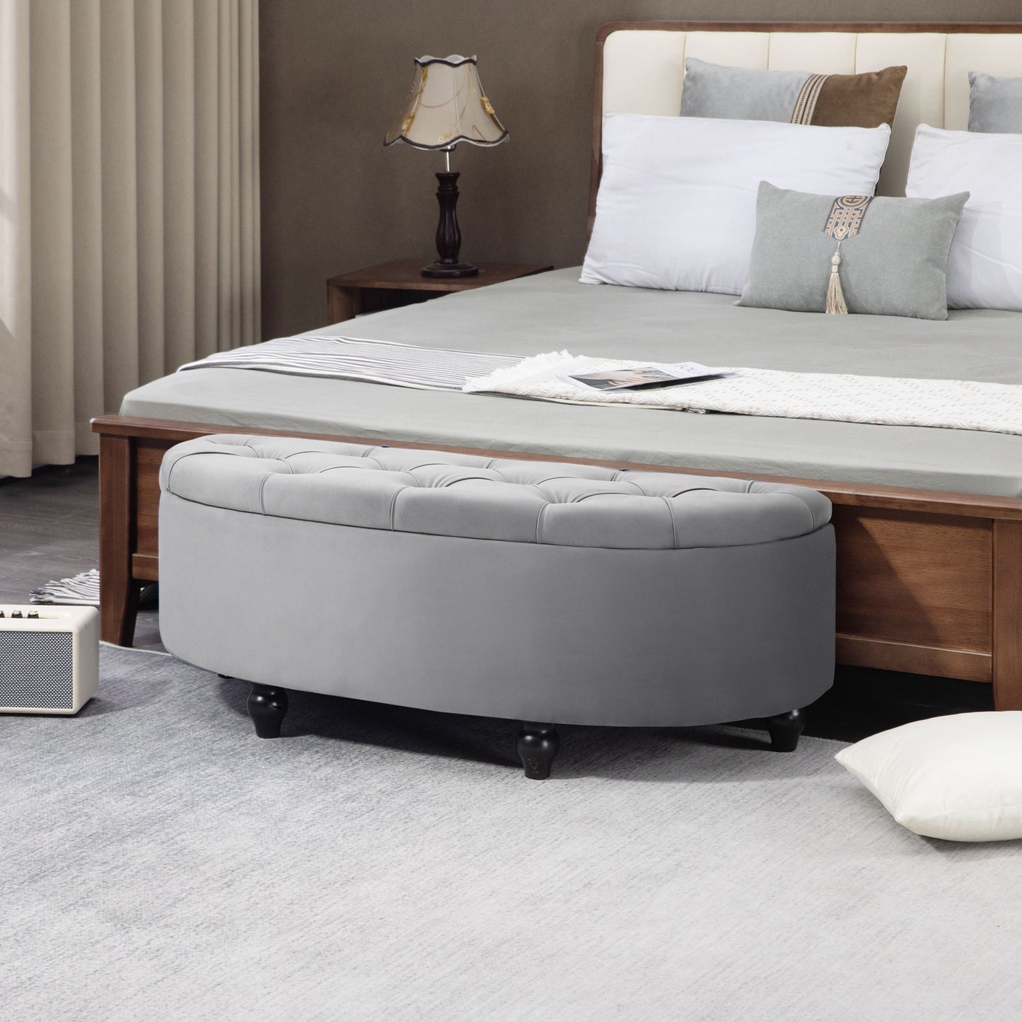 Kare Fabric Light Grey Semi Circle Storage Ottoman Bench Diamond Tufted