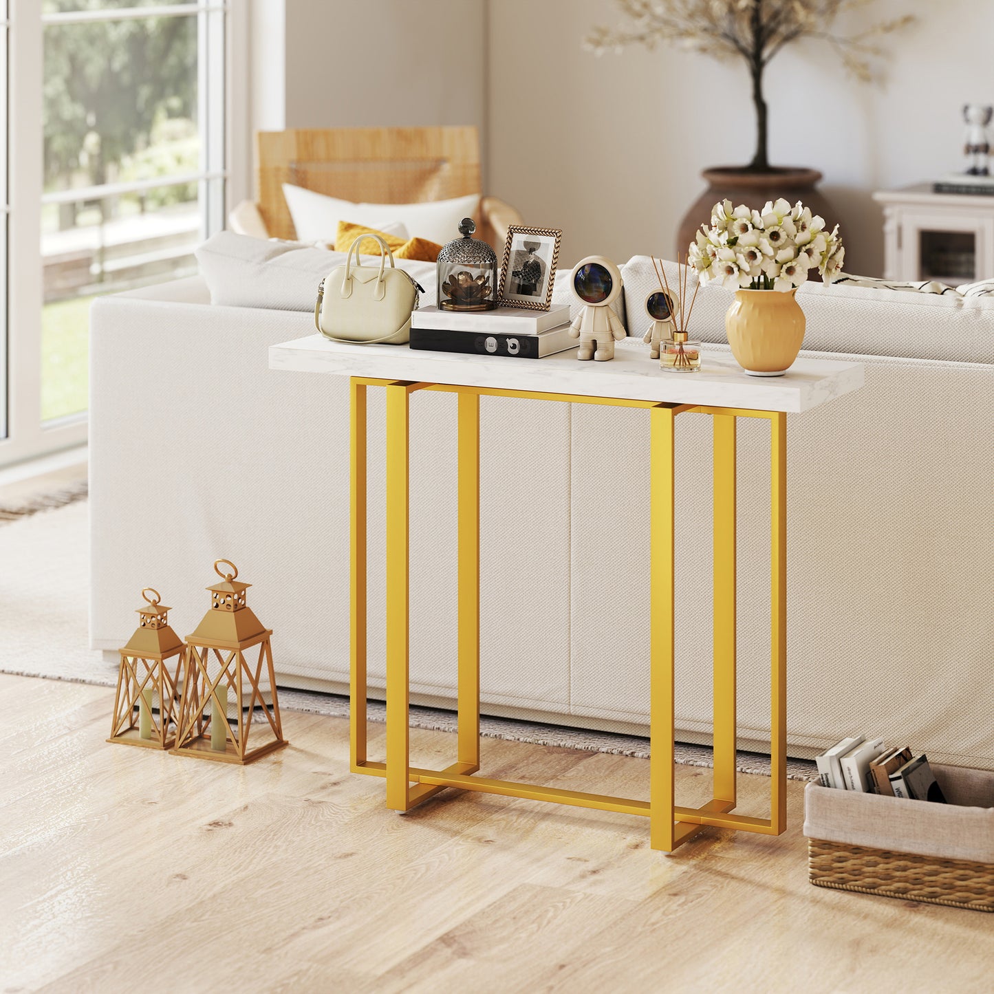 Larose Metal And Faux Marble White Narrow Console Table With Anti Tip Steel Frame 100 cm