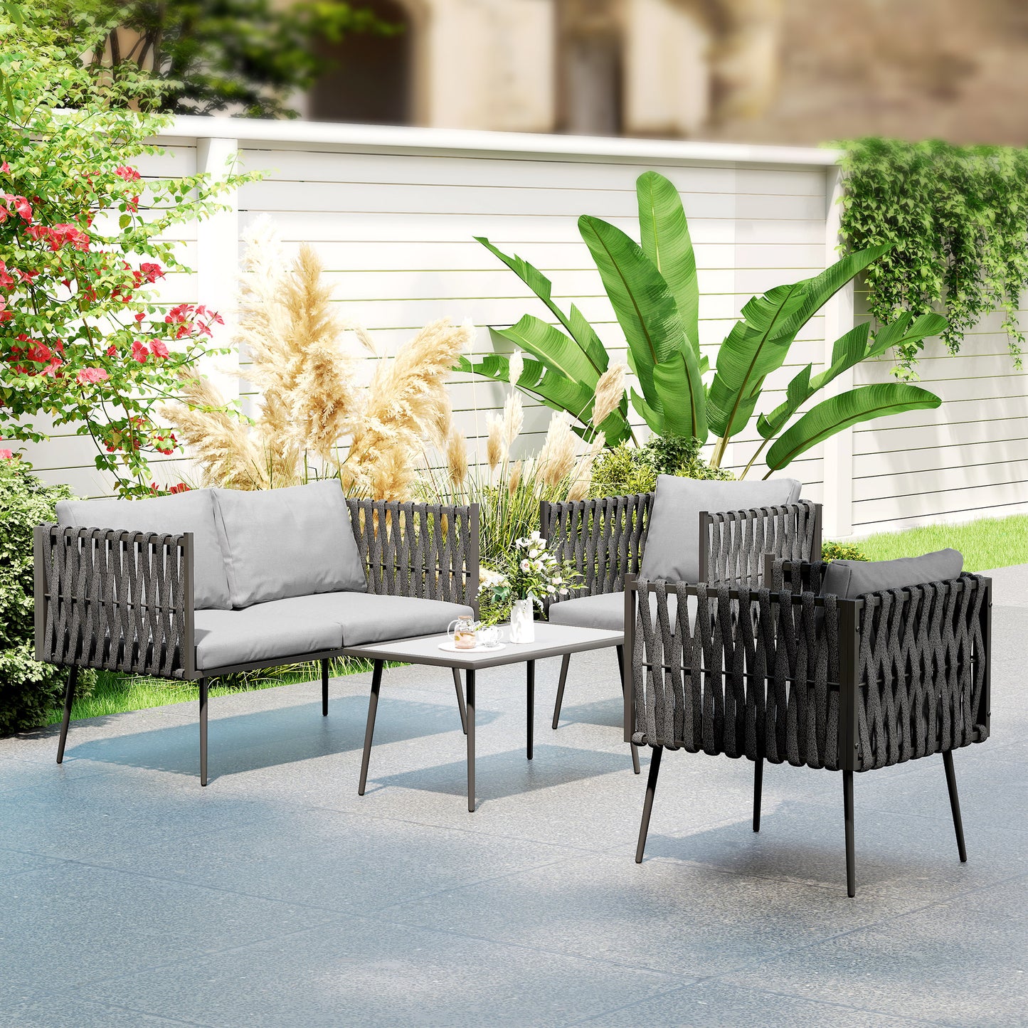 Salitte Rattan Rope Grey 4 Seater Outdoor Furniture Set With Cushions