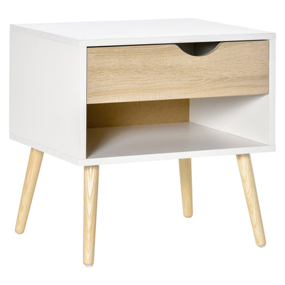 Basuve White Modern Bedside Table With Natural Wood Drawer And Shelf