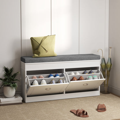 Nedola Wooden White Shoe Storage Bench With Cushioned Seat 2 Flip Drawers