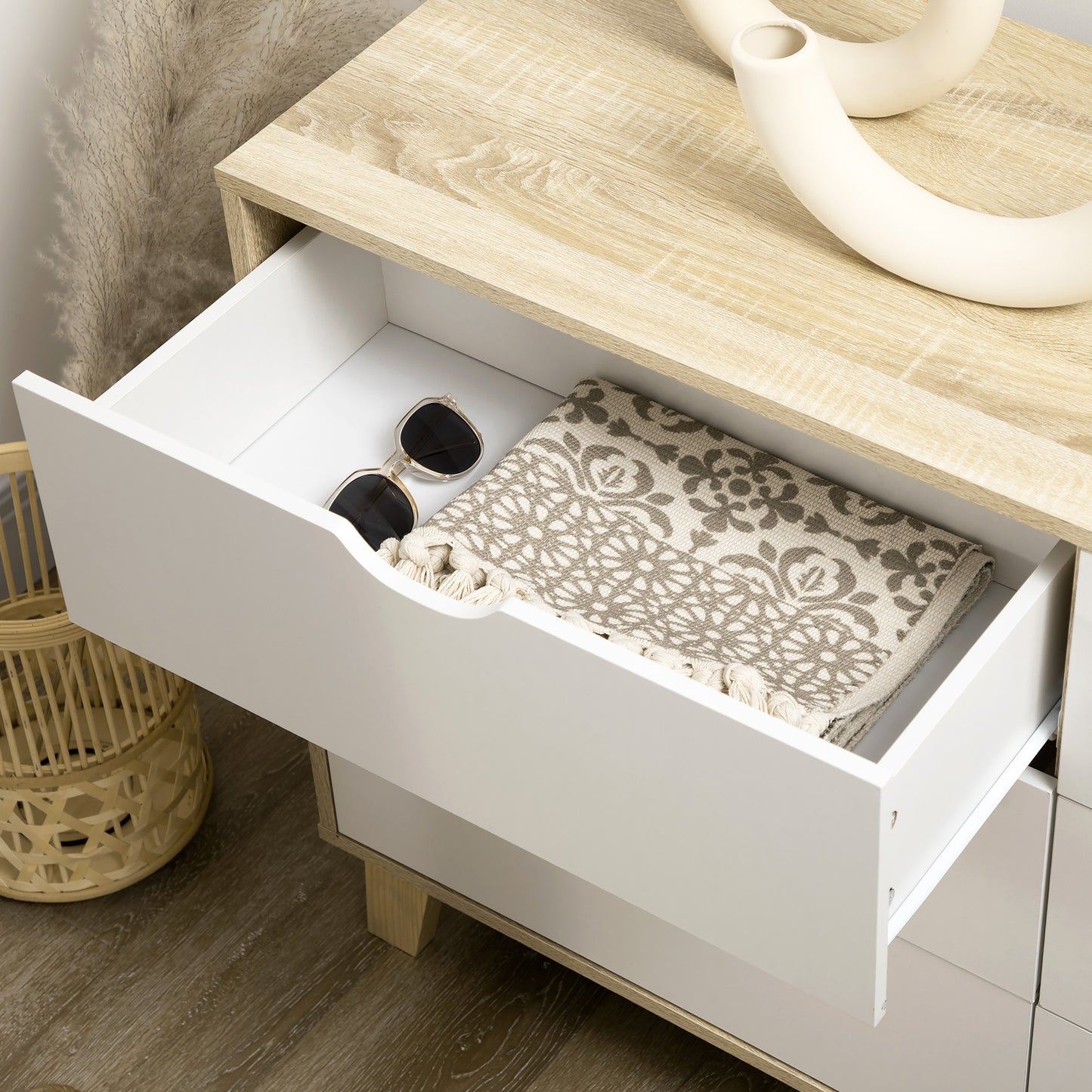 Valu Natural Wood and White Wide 6 Drawer Chest With Wooden Legs