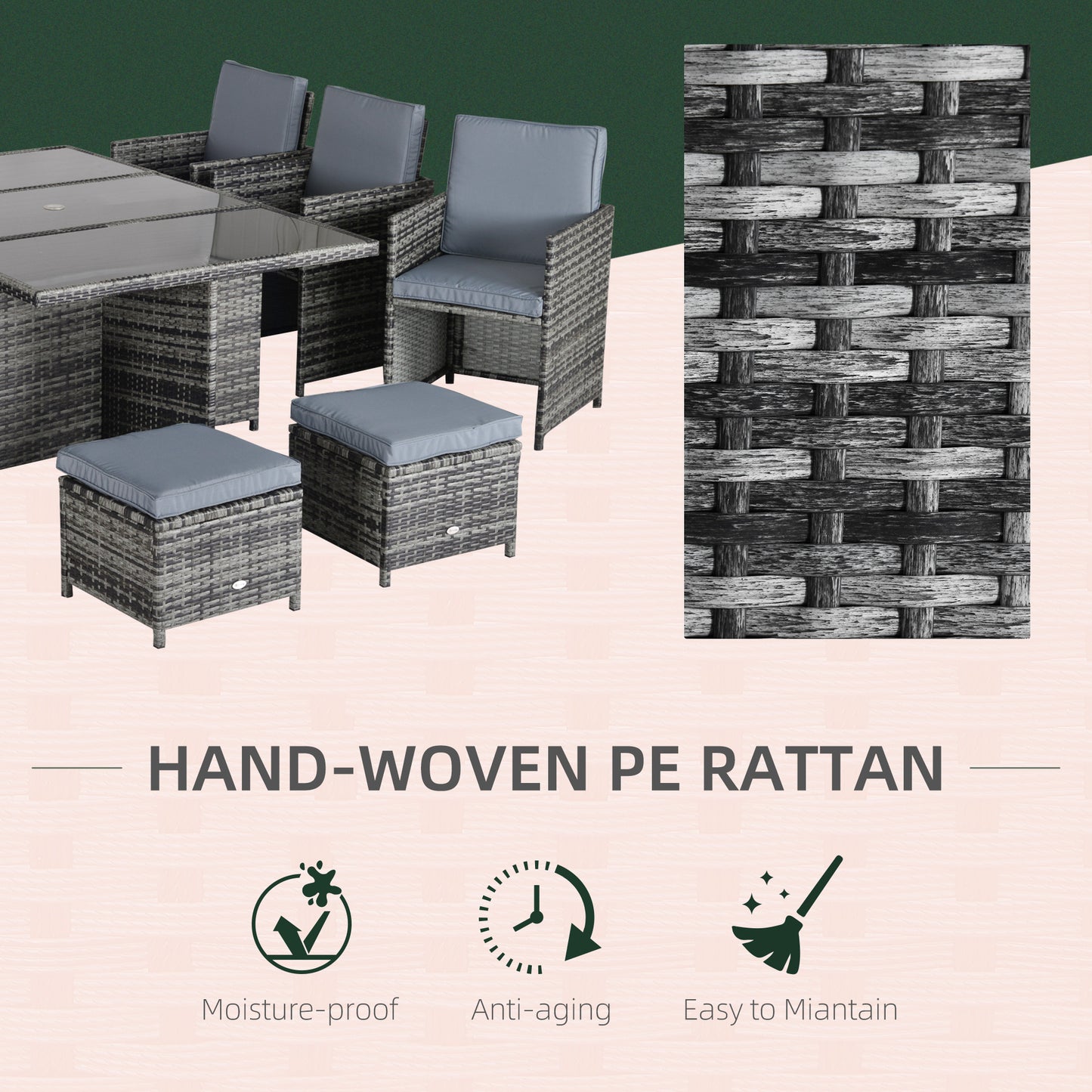 Tasuke Rattan Grey 10 Seater Cube Garden Dining Set With Cushions And Rectangular Glass Table