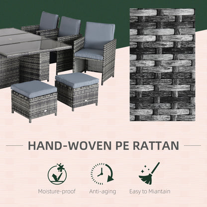Tasuke Rattan Grey 10 Seater Cube Garden Dining Set With Cushions And Rectangular Glass Table