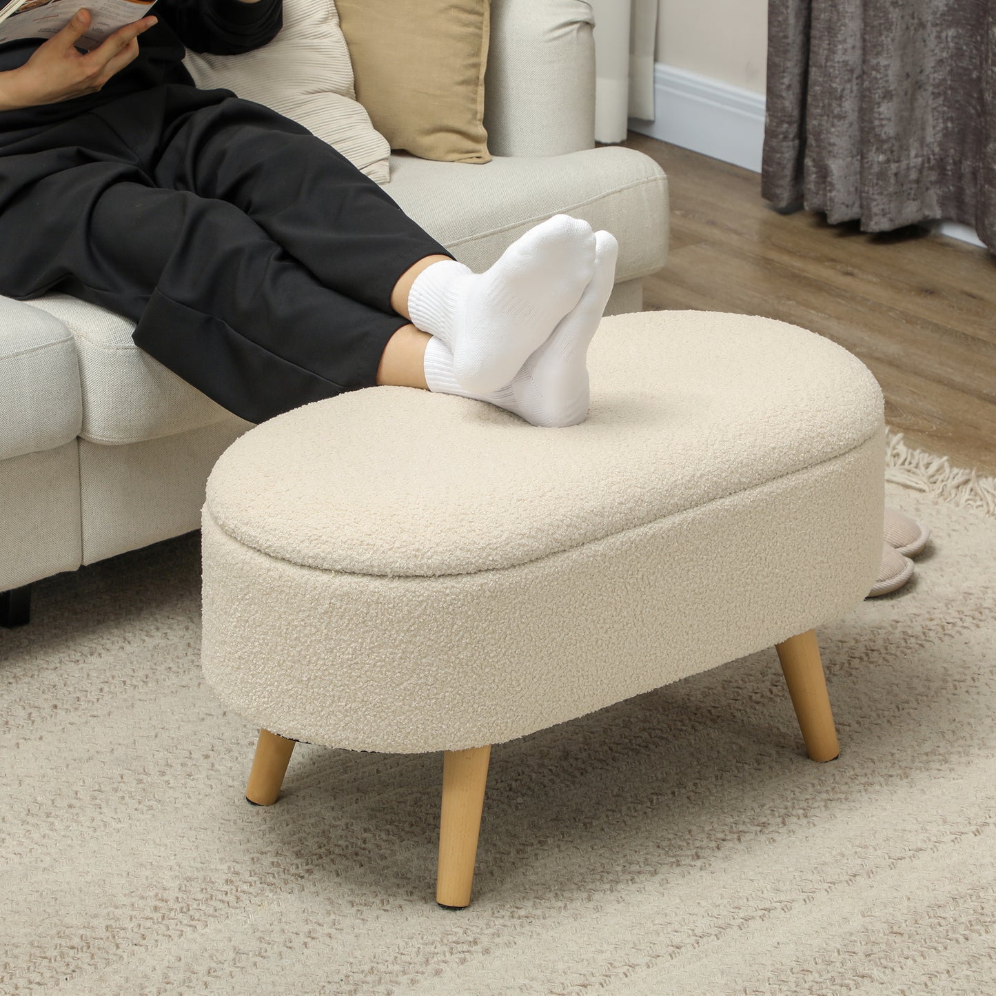 Molasa Boucle Cream White Storage Ottoman Teddy Fleece Natural Wooden Legs