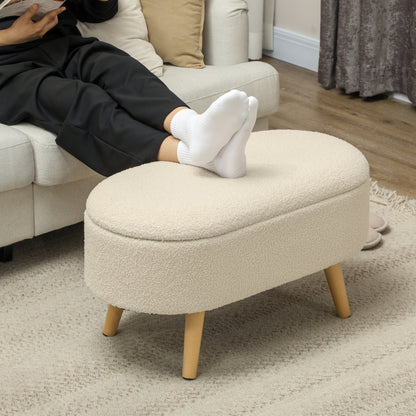 Molasa Boucle Cream White Storage Ottoman Teddy Fleece Natural Wooden Legs