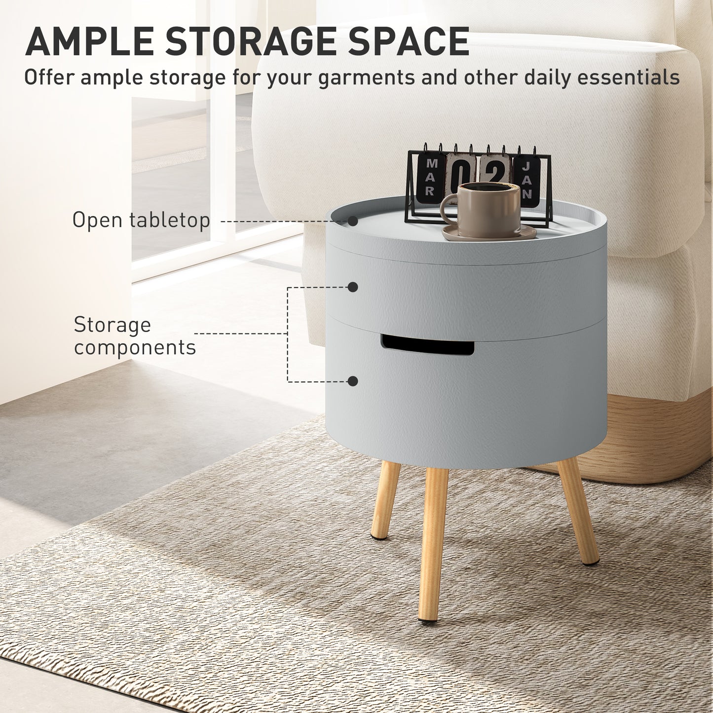 Pano Wooden Grey Round 3 Tier Bedside Table With Hidden Storage And Tray Top
