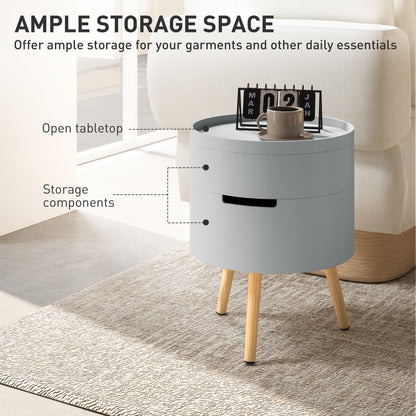 Pano Wooden Grey Round 3 Tier Bedside Table With Hidden Storage And Tray Top