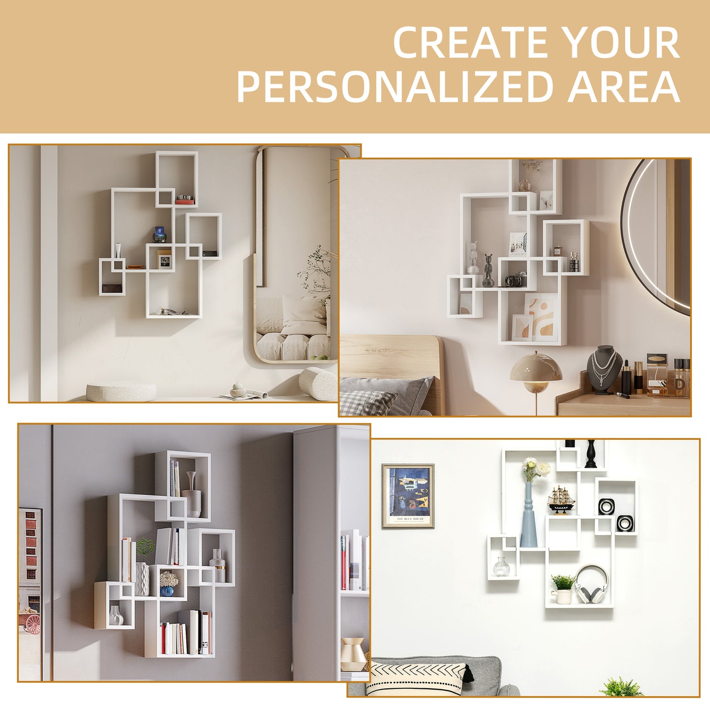 Como Wood White Wall Mounted Interlocking Cube Display Shelves