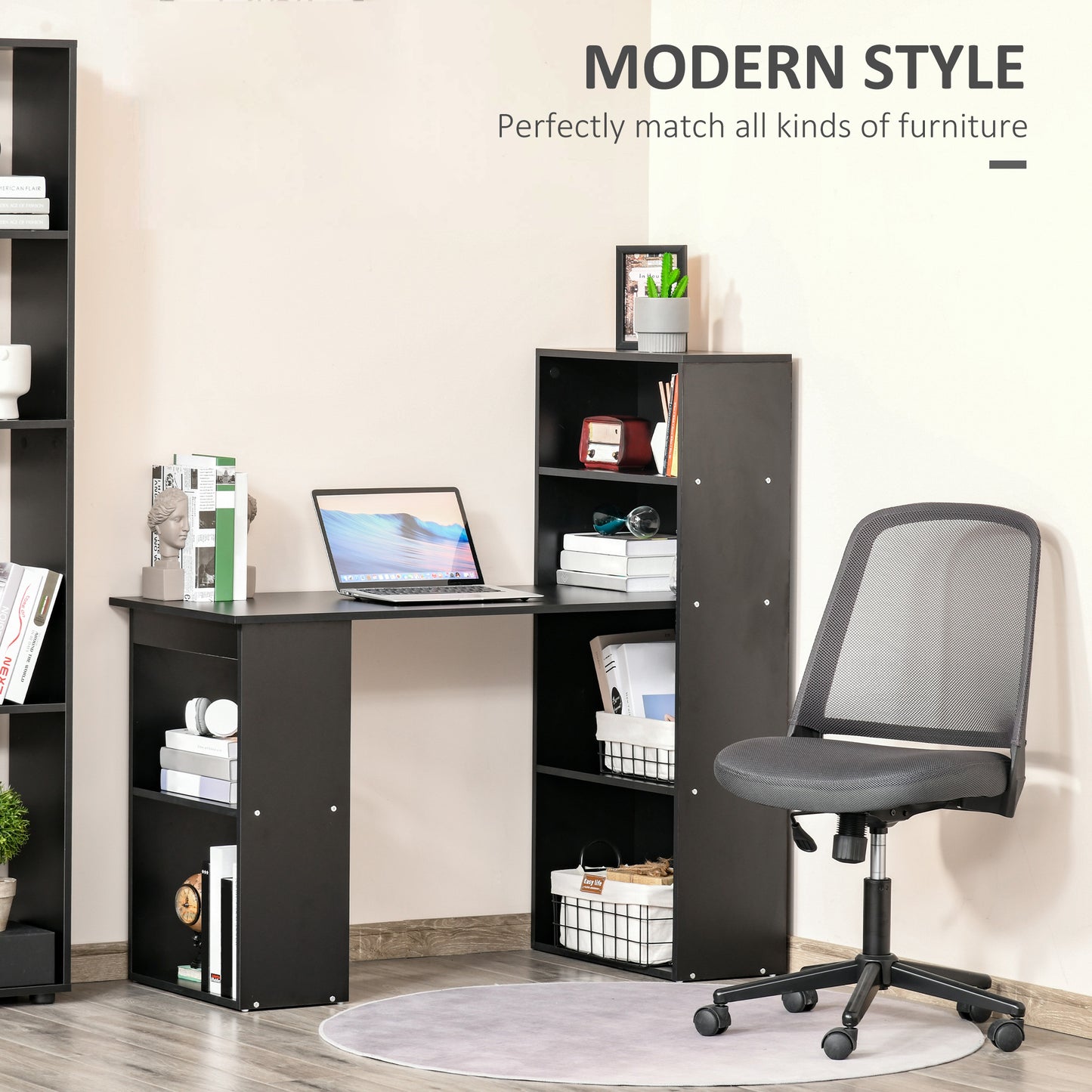 Elni 120cm Wooden Black Study Desk With 6 Tier Bookshelf Storage
