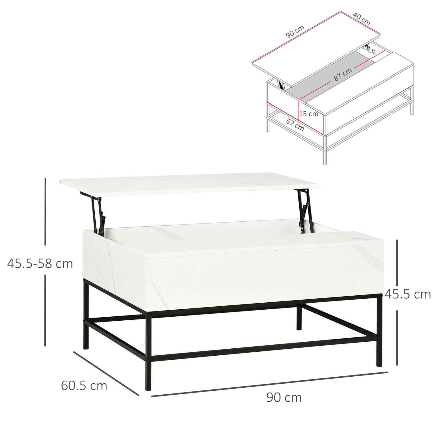 Rebafa Wooden Marble Effect White Lift Top Coffee Table With Hidden Storage