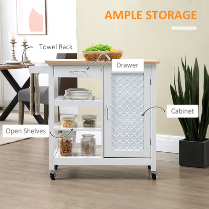 Cottalo Wooden White Rolling Kitchen Trolley With Embossed Door Panels And 3 Storage Shelves