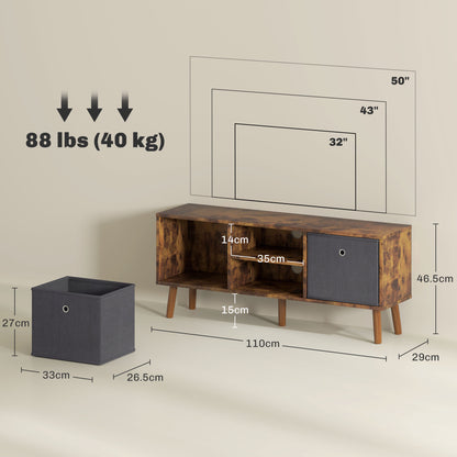 Dilo 110cm Wooden Rustic Brown TV Storage Cabinet With Fabric Fold Down Drawers For Screens Up To 50 Inches