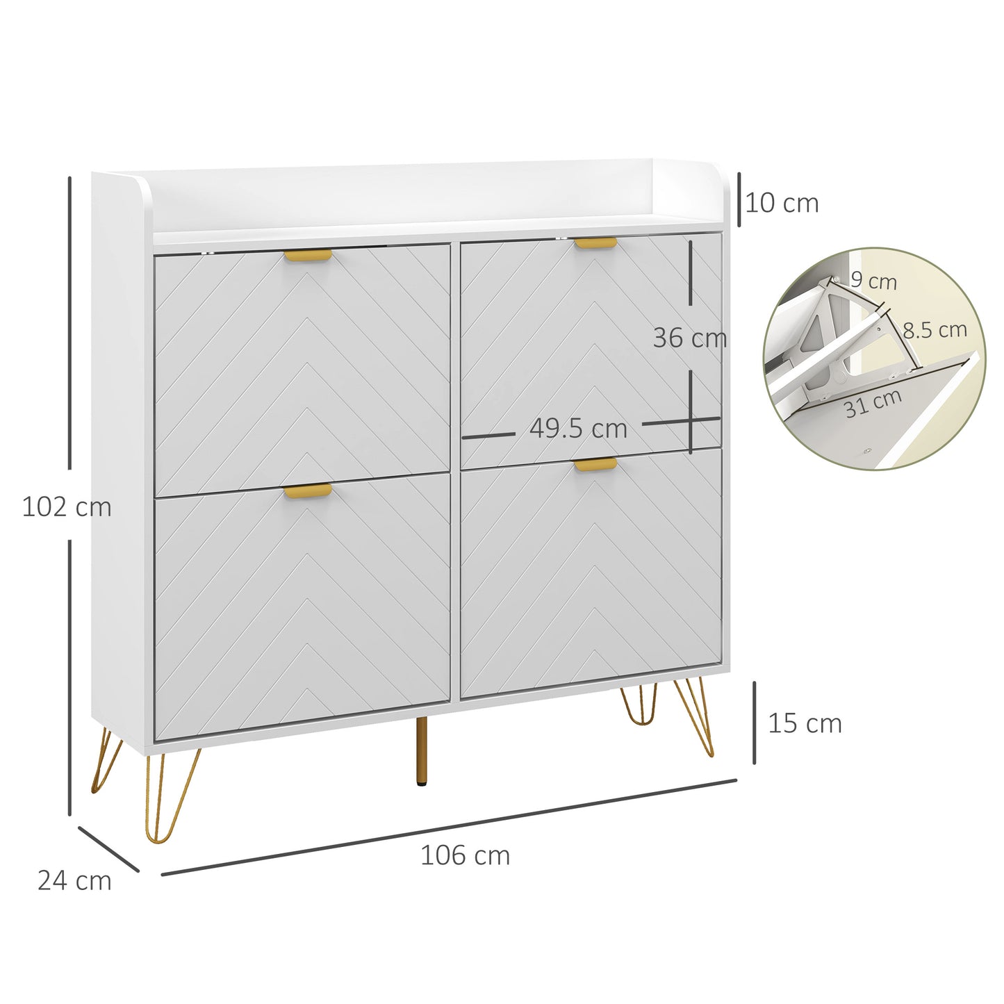 Zikase Wooden White Chevron Slim Shoe Cabinet With 4 Flip Drawers For 16 Pairs