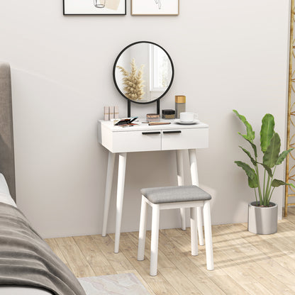 Comika White Dressing Table And Stool Set With Round Mirror 2 Drawers 60 x 40 x 123 cm