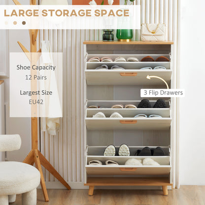 Ellora Lera Wooden White and Natural Slim Shoe Cabinet With 3 Flip Drawers For 12 Pairs