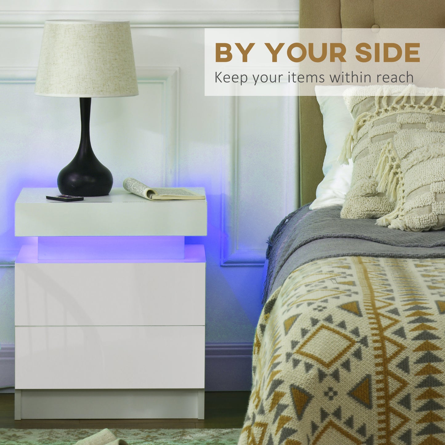 Nisu High Gloss White Set Of 2 Bedside Tables With LED Lighting and Storage Drawers